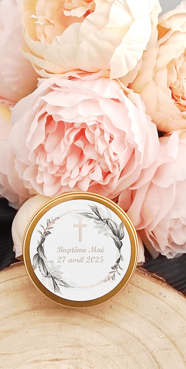 Bougie boîte métallique cadeau invités baptême