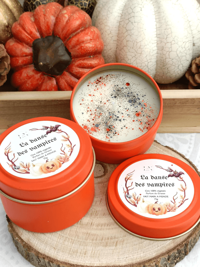 Bougie Halloween boîte métallique orange