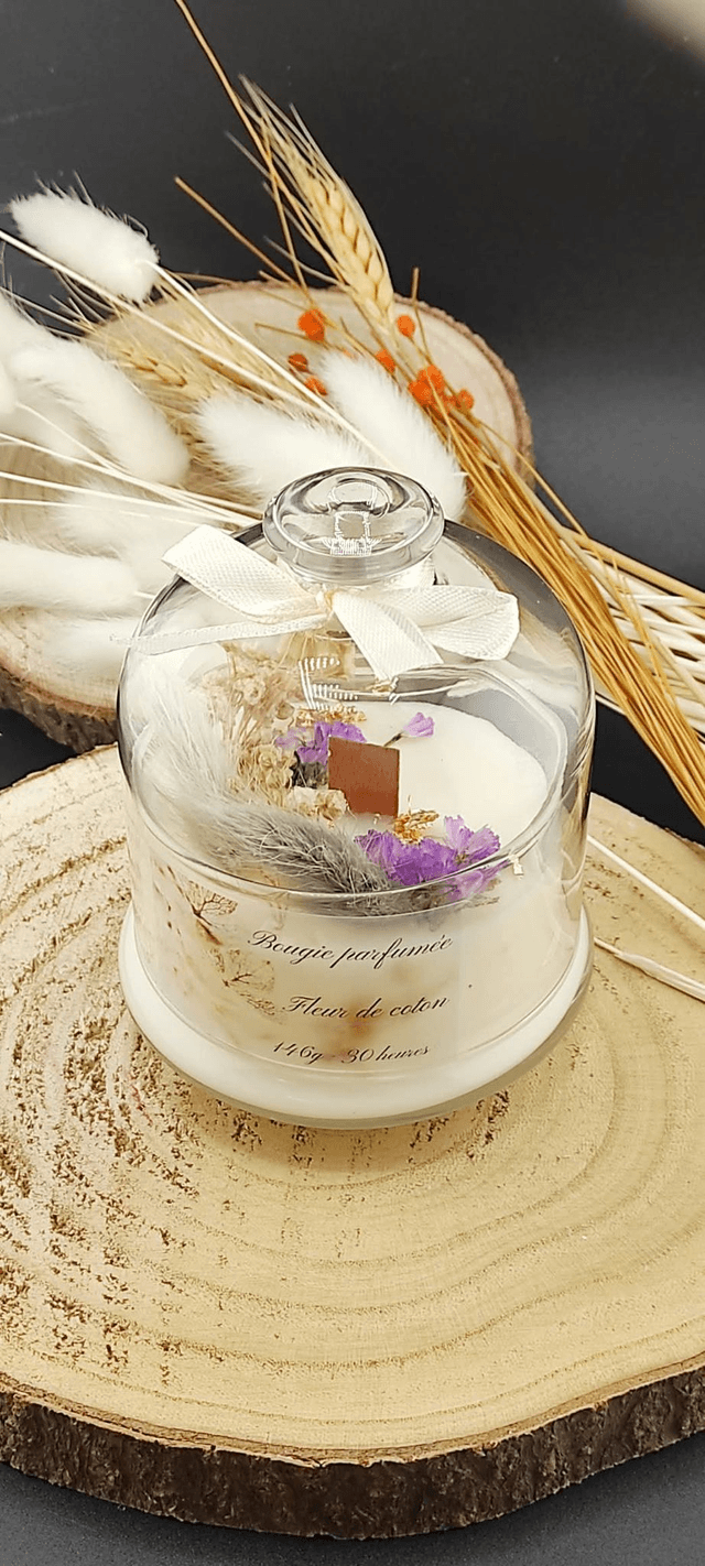 Bougie sous cloche fleurs séchées 
