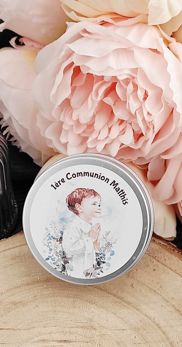 Bougie boîte métallique cadeau invités communion
